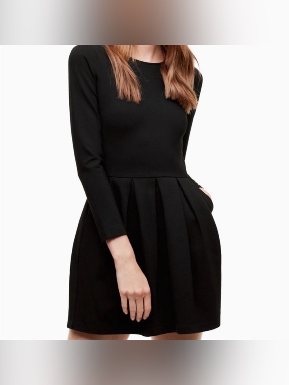 Aritzia Wilfred Tartine Italian Wool Dress Black Melange Long-Sleeve Pleated Sz6